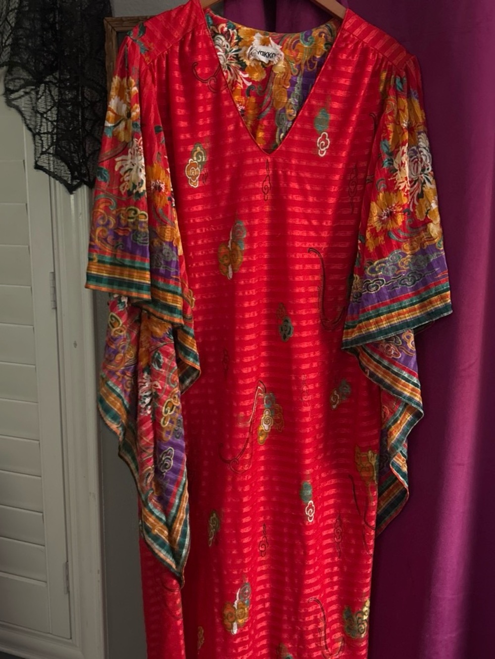 Vibrant Red Floral Kaftan with Multicolor Trim